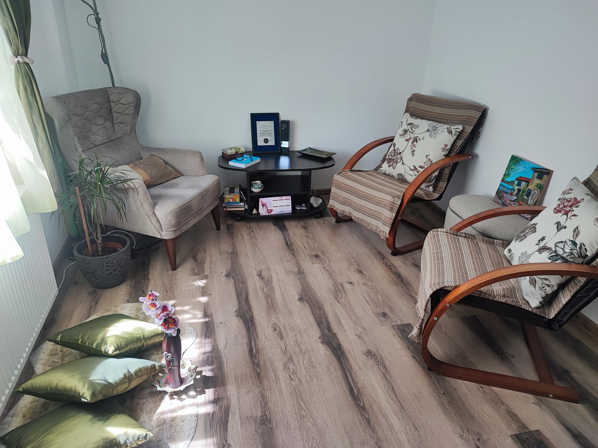Cabinetul de psihologie Iulia Iordăchescu din Pitești, cu fotolii, plantă și lumină naturală